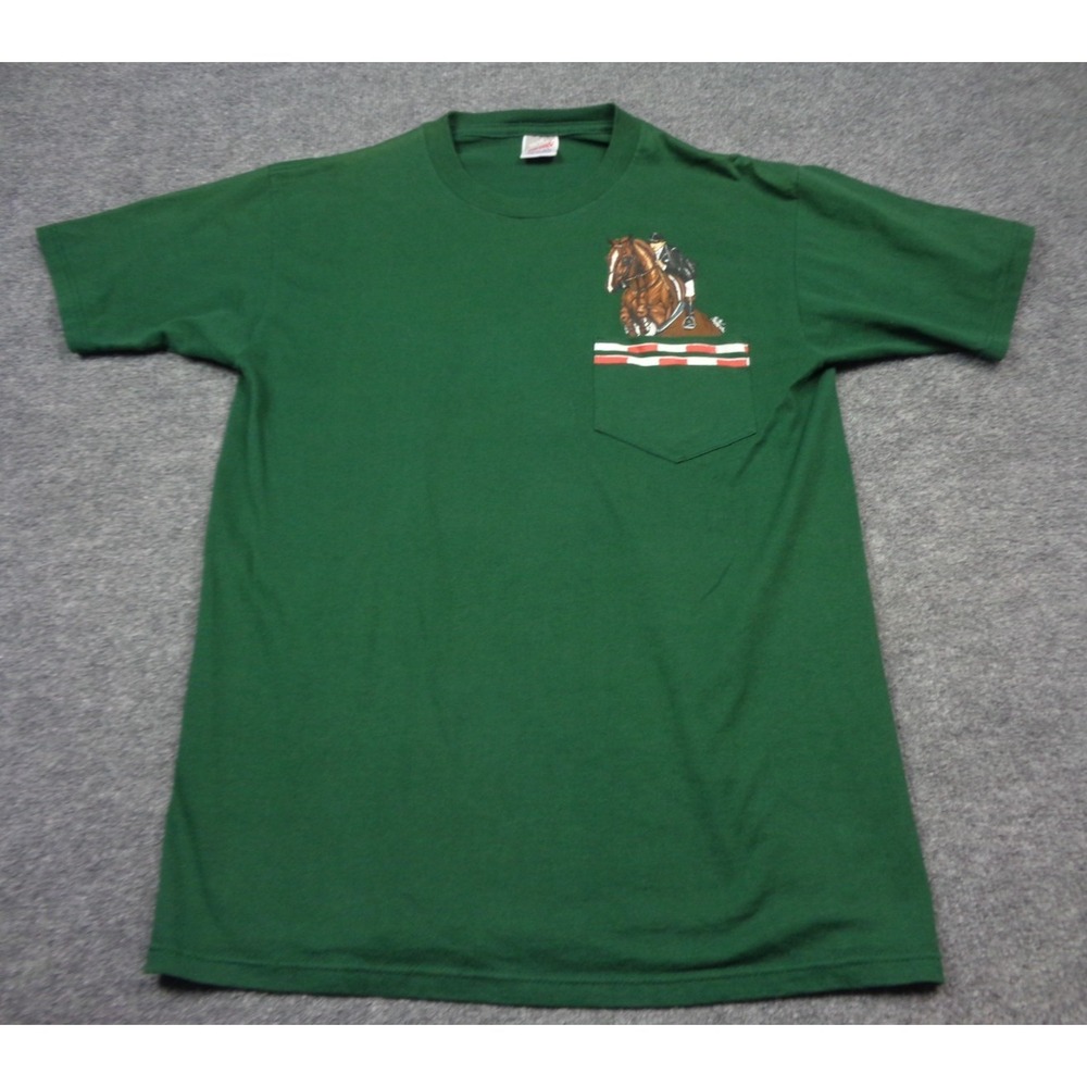 Vintage Jerzees Graphic Shirt L Green Equestrian Horse Riding Jockey Art Pocket - Picture 2 of 12